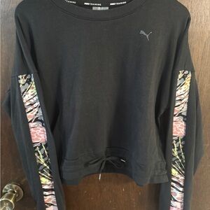 Puma Black Sweatshirt with Pink and Green Floral Sleeve Stripes